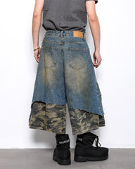 Asymmetrical Ripped Denim Shorts with Camo Layer