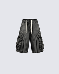 3D Stitch Washed Denim Cargo Shorts