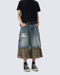 Patchwork Ripped Denim Shorts with Camo Hem