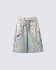 New 3D Chain Print Five-Length Denim Shorts