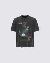 Dark Washed Futuristic Graphic Short Sleeve T-Shirt