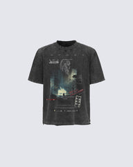 Dark Washed Futuristic Graphic Short Sleeve T-Shirt