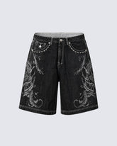 Retro Distressed Heavy-Duty Design Printed Shorts