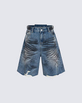 Distressed Crinkled Irregular Knee-Length Denim Shorts