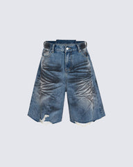 Distressed Crinkled Irregular Knee-Length Denim Shorts