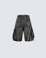 3D Stitch Washed Denim Cargo Shorts