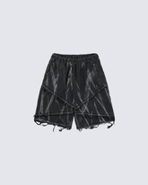 Distressed Black Denim Shorts with Abstract Print
