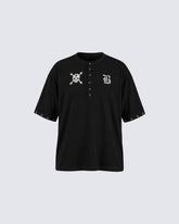 Dark Gothic Skull Print Henley Short Tee New
