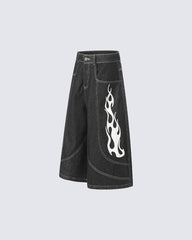 Flame Panel Seven-Length Denim Shorts