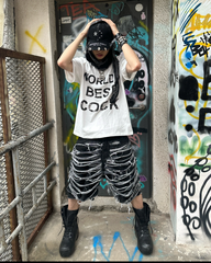 High-Street Knife-Cut Distressed Denim Shorts