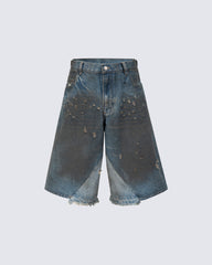 Vintage Washed Patchwork Distressed Dirty Denim Shorts