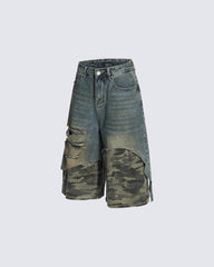 Layered Camo Patchwork Distressed Denim Shorts