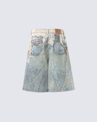 New 3D Chain Print Five-Length Denim Shorts