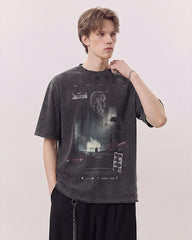 Dark Washed Futuristic Graphic Short Sleeve T-Shirt