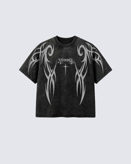 Retro Distressed Washed Design Printed Short-Sleeved T-Shirt