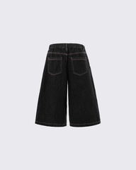Denim Drawstring Shorts with Plaid Detail - Casual Streetwear