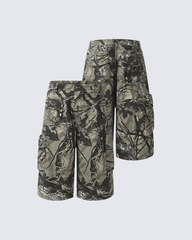 Camo Print Wide-Leg Cargo Shorts