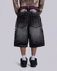 Distressed New Tribal Print Denim Shorts