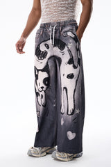 Layer Wave Cat Print Straight Jeans