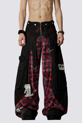 Night Mileage Embroidery Plaid Barrel Jeans Red