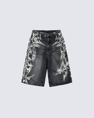 American Vintage Washed Tribal Print Denim Shorts