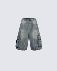 3D Stitch Washed Denim Cargo Shorts