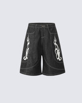 Flame Panel Seven-Length Denim Shorts
