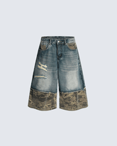 Patchwork Ripped Denim Shorts with Camo Hem
