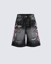 Distressed New Tribal Print Denim Shorts