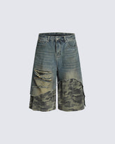 Layered Camo Patchwork Distressed Denim Shorts