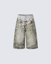 Leopard Print Chain Seven-Length Denim Pants