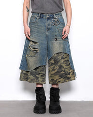 Asymmetrical Ripped Denim Shorts with Camo Layer