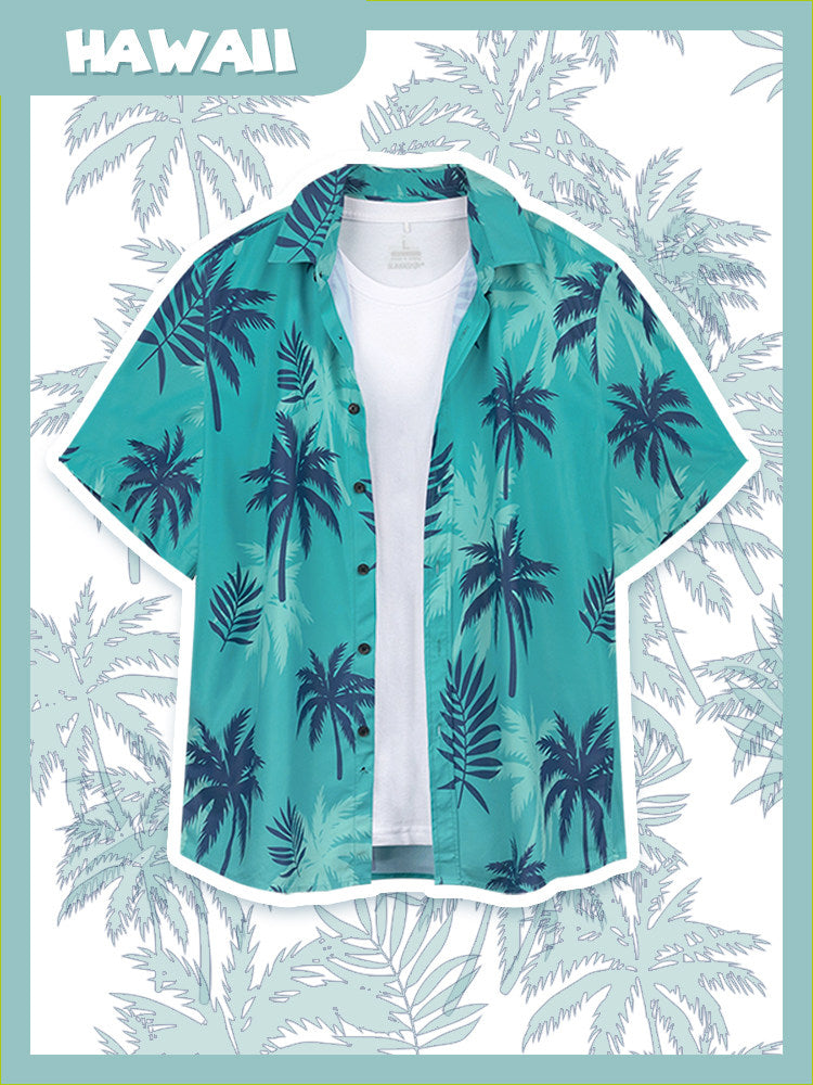 Men's Vice City Inspired Hawaiian Shirt – Tropical Palm Leaf Short Sleeve Button-Up Beach Vacation Shirt