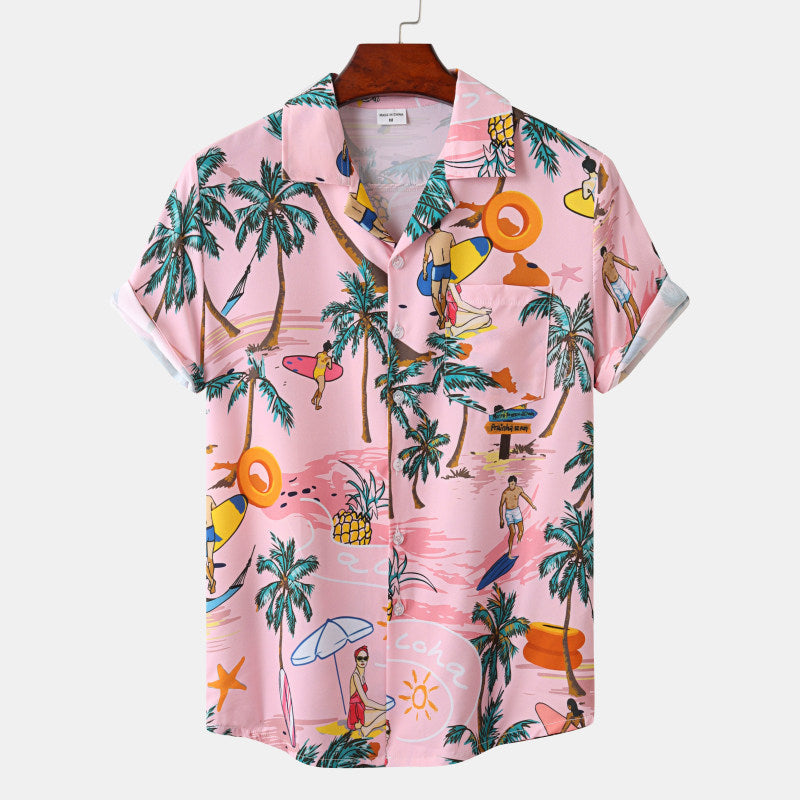 Men's Hawaiian Coconut Tree Print Short Sleeve Beach Shirt – Casual Summer Button-Up