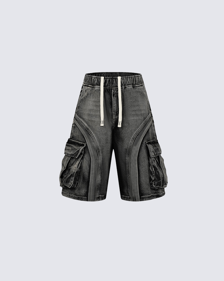 3D Stitch Washed Denim Cargo Shorts