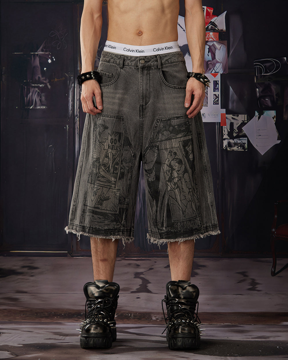 Vintage Graphic Washed Five-Length Denim Shorts