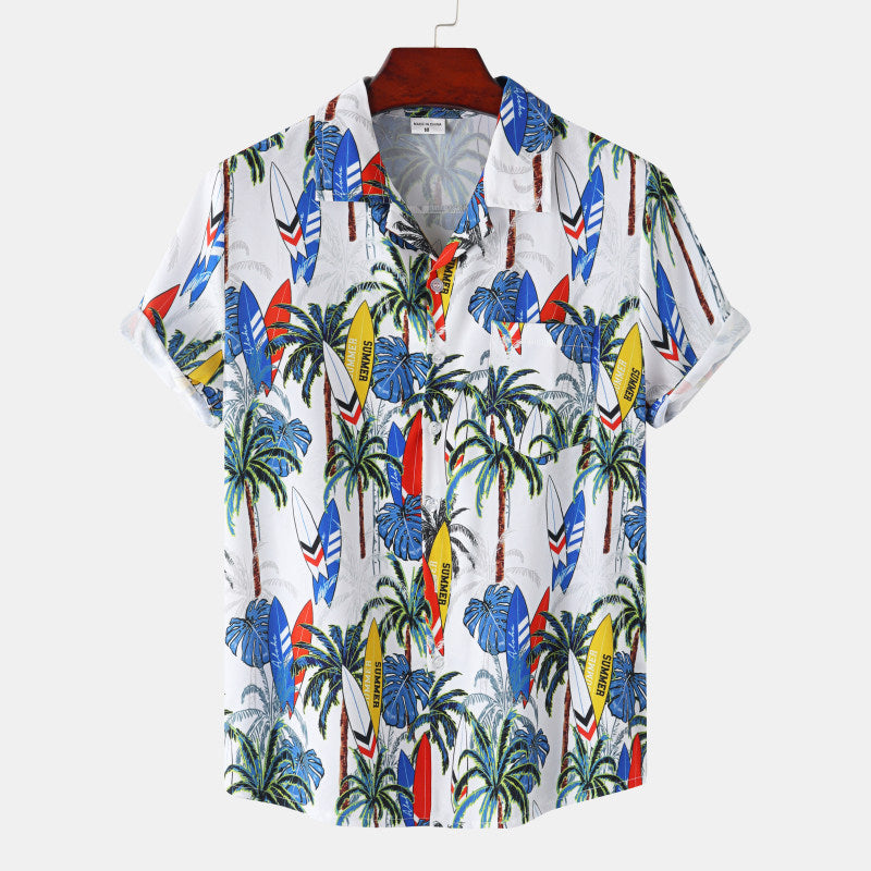 Men's Hawaiian Coconut Tree Print Short Sleeve Beach Shirt – Casual Summer Button-Up