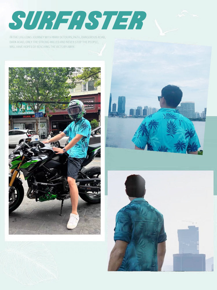 Men's Vice City Inspired Hawaiian Shirt – Tropical Palm Leaf Short Sleeve Button-Up Beach Vacation Shirt