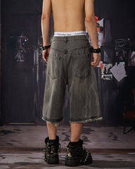 Vintage Graphic Washed Five-Length Denim Shorts