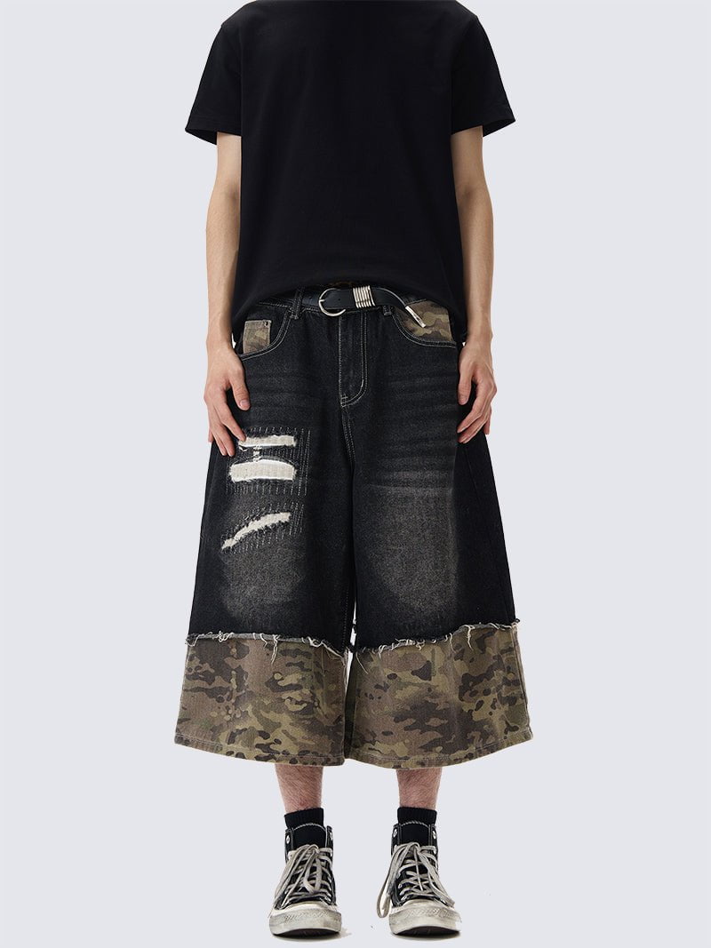 Patchwork Ripped Denim Shorts with Camo Hem