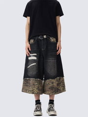 Patchwork Ripped Denim Shorts with Camo Hem