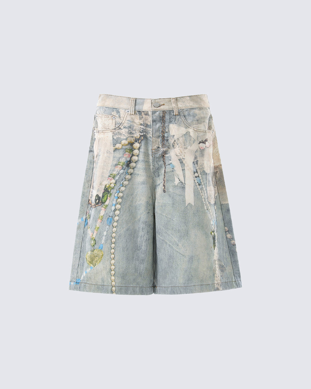 New 3D Chain Print Five-Length Denim Shorts