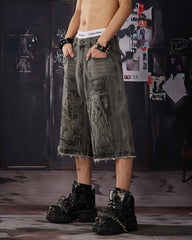 Vintage Graphic Washed Five-Length Denim Shorts