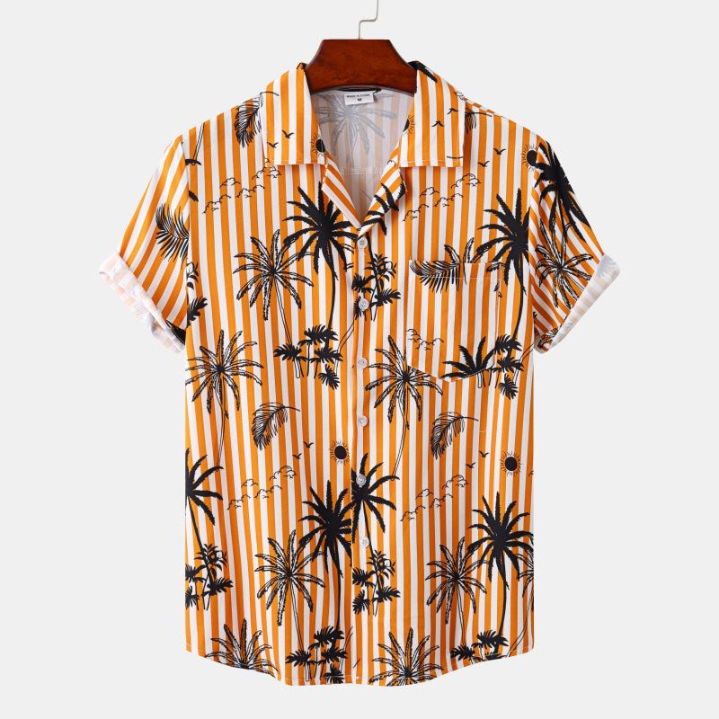 Men's Hawaiian Coconut Tree Print Short Sleeve Beach Shirt – Casual Summer Button-Up