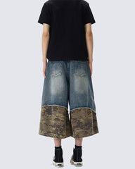 Patchwork Ripped Denim Shorts with Camo Hem