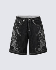Retro Distressed Heavy-Duty Design Printed Shorts