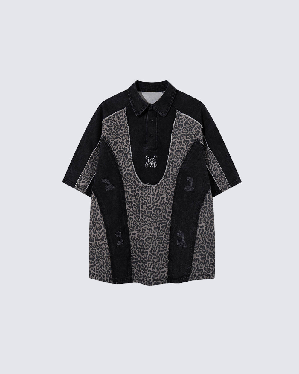 American Retro Leopard Print Patchwork Frayed Short-Sleeved Shirt