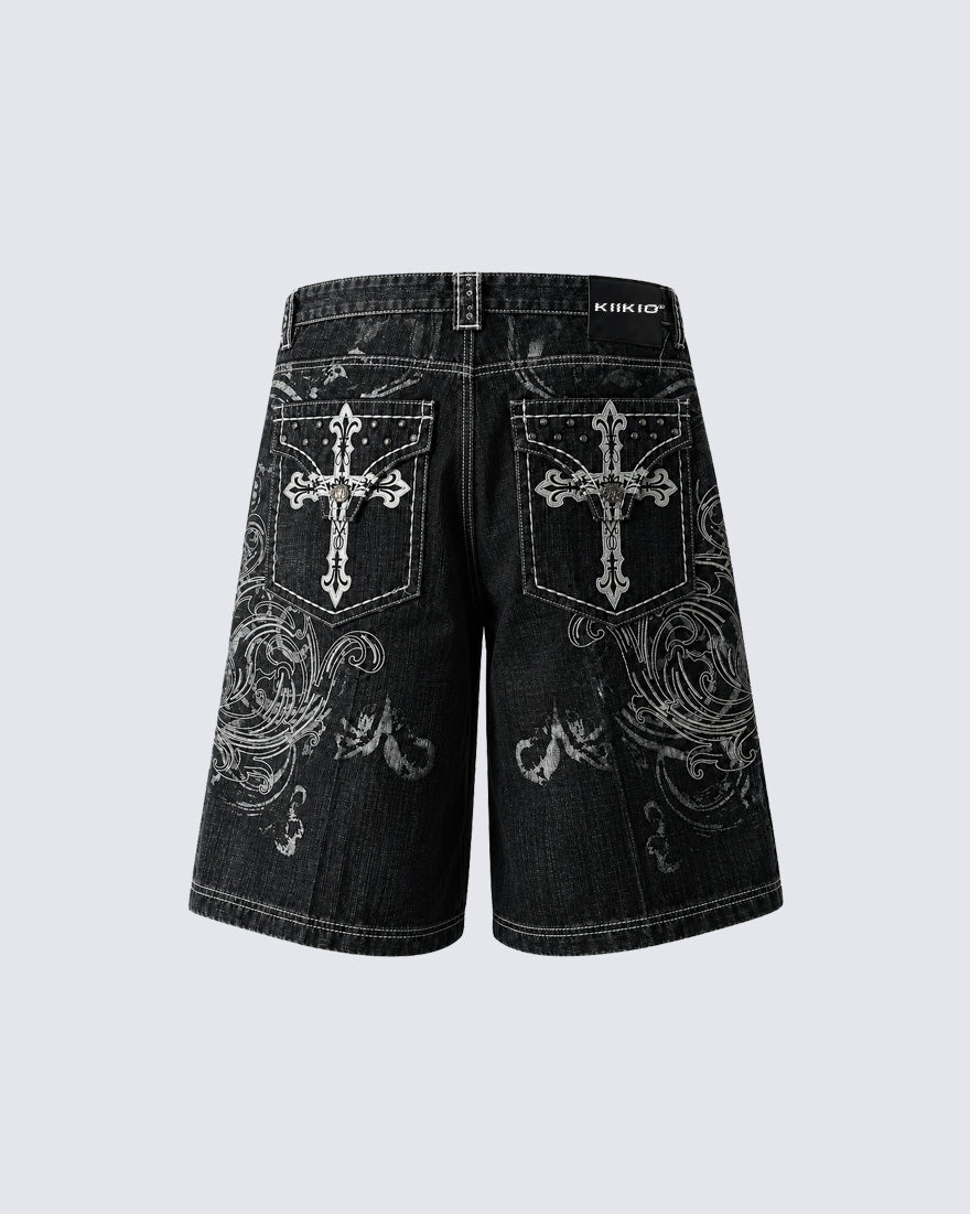 Retro Distressed Heavy-Duty Design Printed Shorts