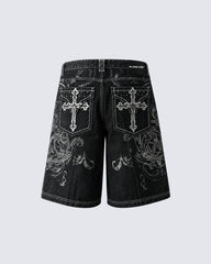 Retro Distressed Heavy-Duty Design Printed Shorts