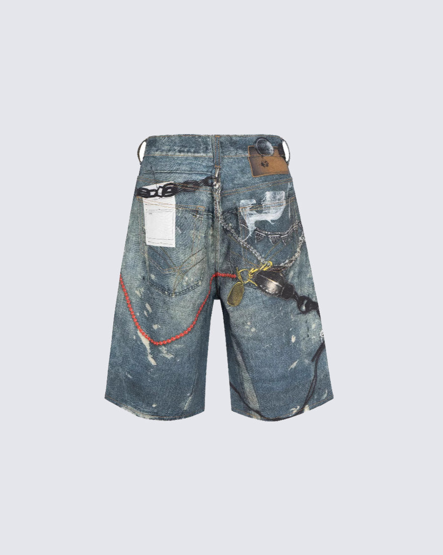 American Street Graffiti Print Washed Denim Shorts